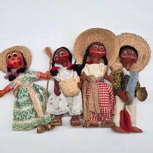 Handcrafted Mexican Folk Art Dolls Set Of 4 With Straw Hats & Traditional Outfit